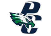 A green and white eagle with a blue P on its chest. Description generated by AI