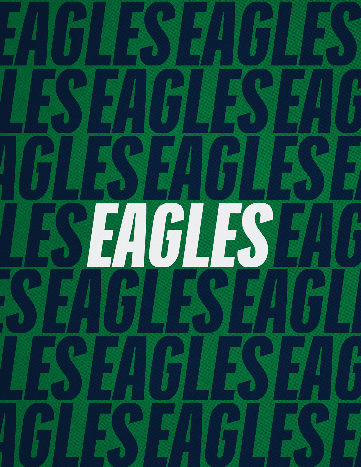 The word “EAGLES" is repeated multiple times in dark blue text on a green background with one instance highlighted in white and bold. Description generated by AI