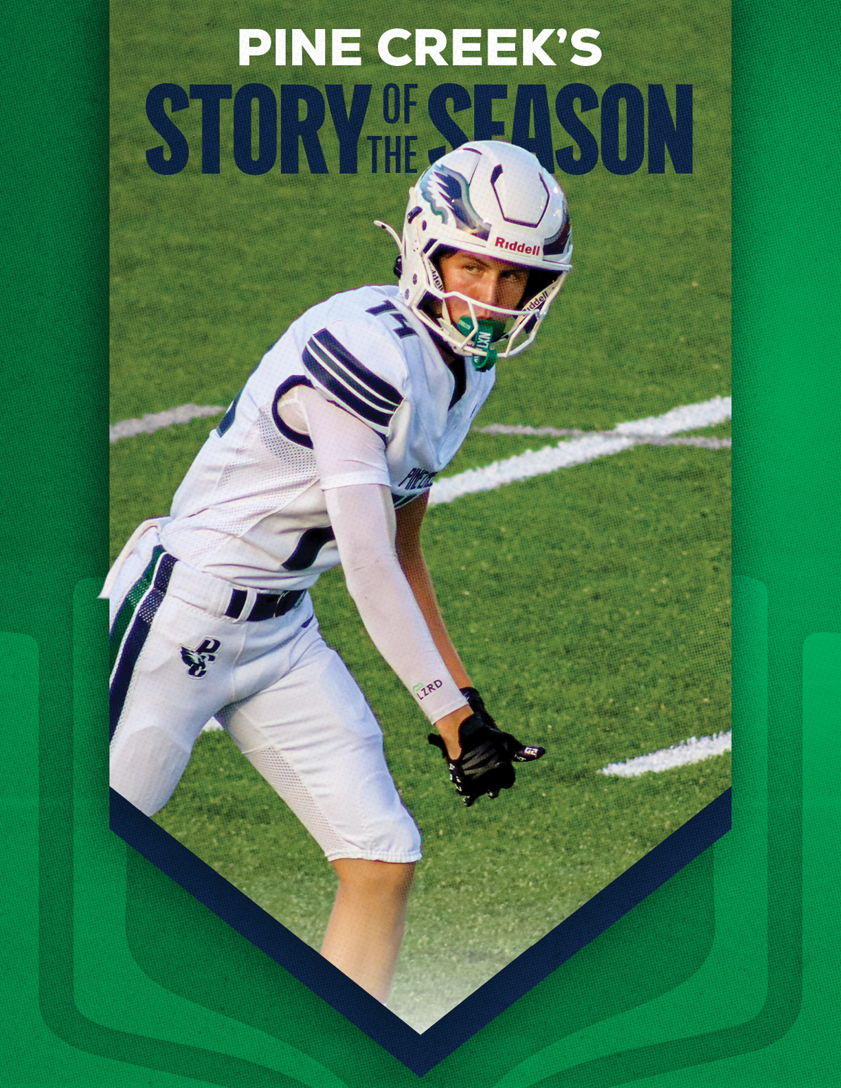 A person in a white football uniform and helmet is poised on a green field with text above reading Pine Creek's Story of the Season. Description generated by AI