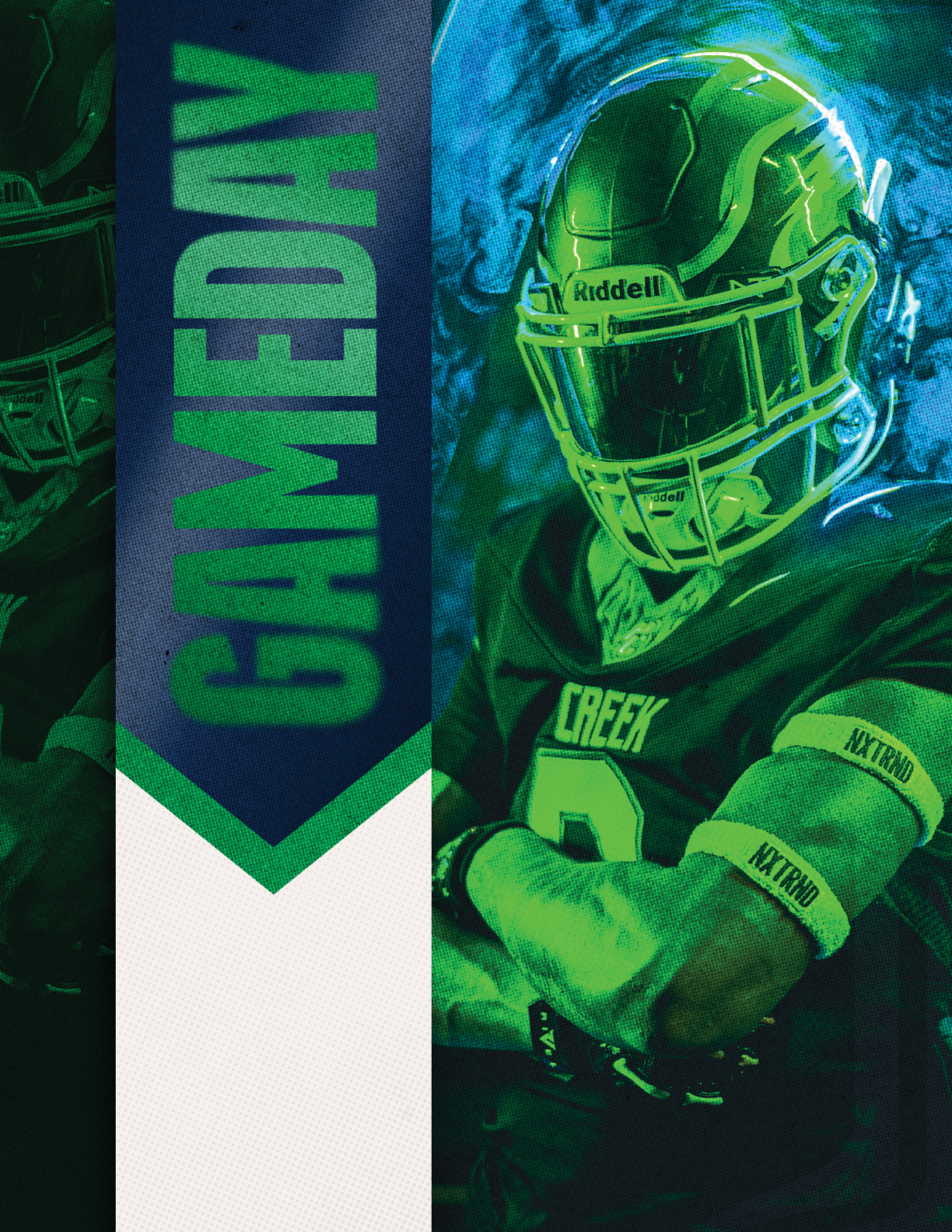 A person wearing a glowing green football helmet and uniform with crossed arms stands next to a vertical banner that reads “GAMEDAY." Description generated by AI