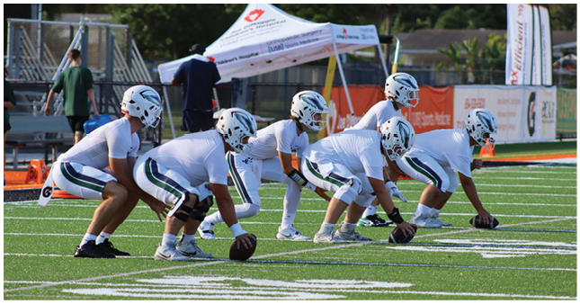 Five people wearing white helmets and white sports uniforms are lined up in a football stance on a green field with yard lines. Description generated by AI