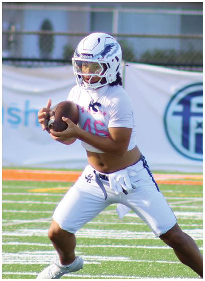 A person wearing a white football uniform and helmet is preparing to throw a football on a green field with trees and banners in the background. Description generated by AI
