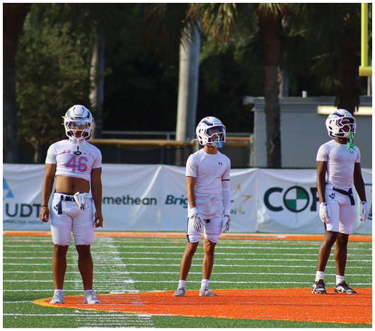 Three people wearing white football uniforms and helmets stand on a green field with orange markings. Description generated by AI