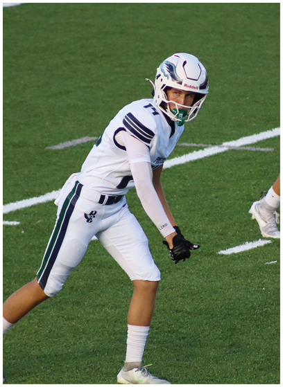 Two people in white football uniforms and helmets are standing on a green field with white yard lines. Description generated by AI