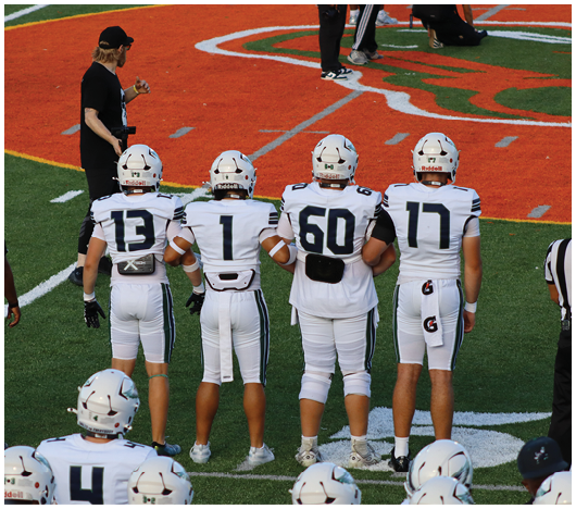 Four people in white football uniforms stand arm in arm on a field near the sideline while a person in black and a referee stand nearby. Description generated by AI