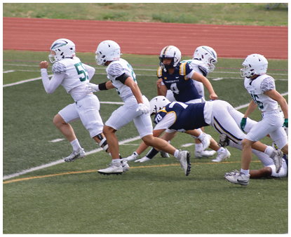 Children in football uniforms are actively running and tackling on a green field with a red track in the background. Description generated by AI