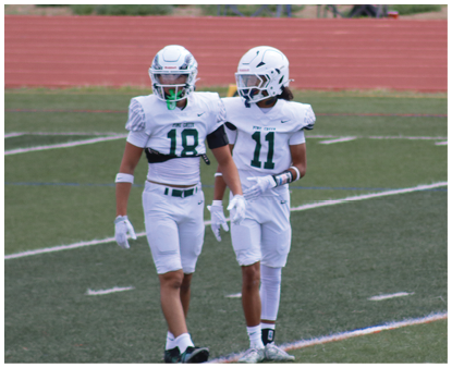 Two people in white football uniforms with helmets stand on a green field with a red running track in the background. Description generated by AI