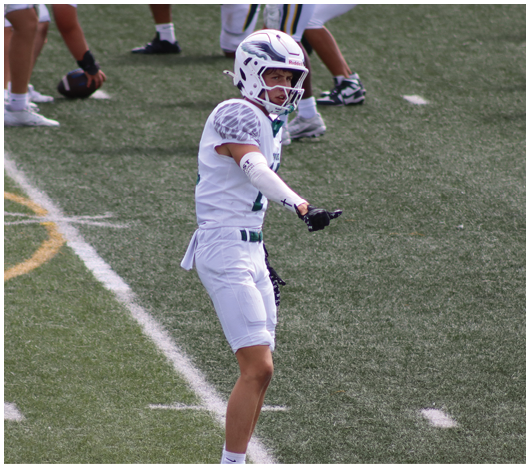 A person in a white football uniform and helmet is standing on a grassy field, gesturing with one hand while other players are visible in the background. Description generated by AI