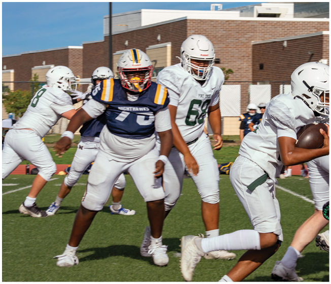 Several people wearing football uniforms are engaged in a game on a grassy field with one player in a blue jersey and white pants prominently positioned in the center. Description generated by AI