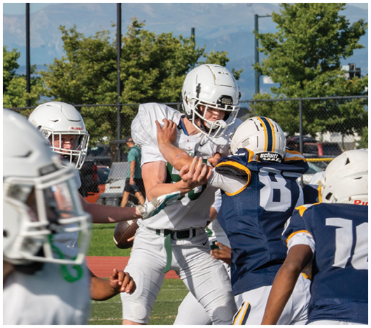 People wearing white football uniforms and helmets are on a grassy field during a game or practice. Description generated by AI