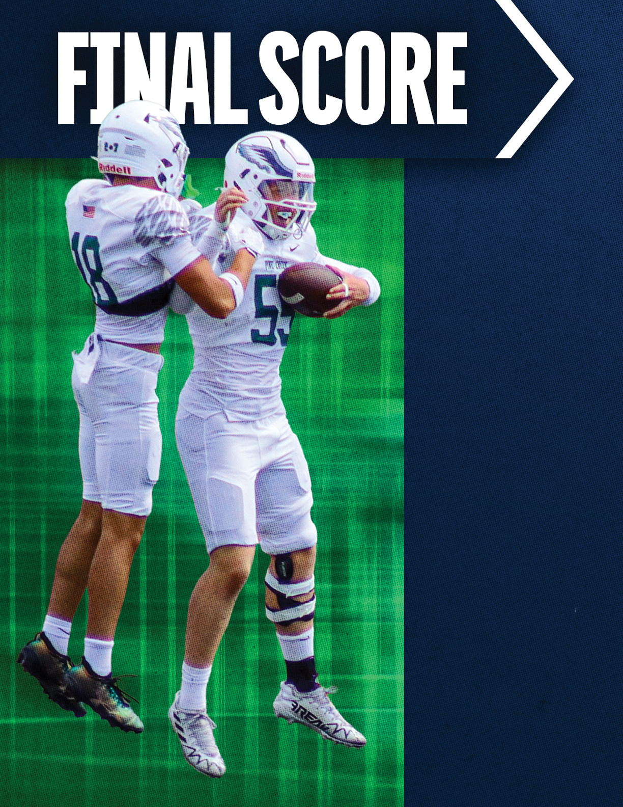 Two people in football uniforms are celebrating with one holding a football and the text “FINAL SCORE" displayed above them. Description generated by AI