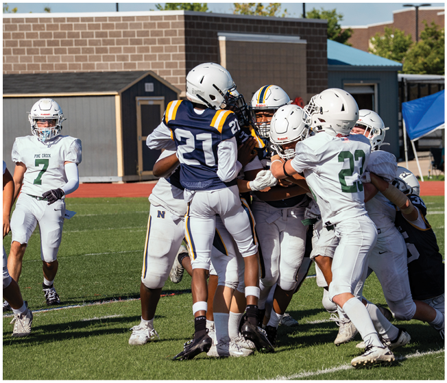 Several people in football uniforms are engaged in a play on a grassy field with one person in a white uniform standing nearby. Description generated by AI