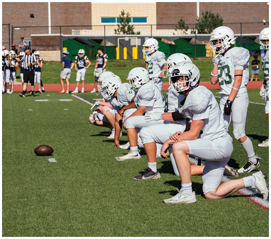 A group of people in football uniforms are lined up on a field facing each other with a football placed on the ground between them. Description generated by AI