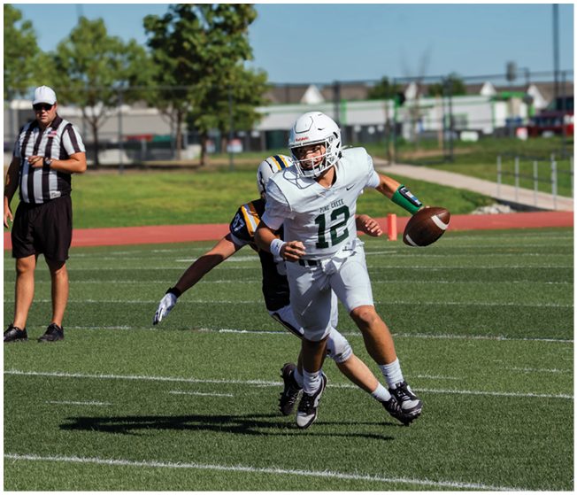 A person in a white football uniform is running with the ball while another person in a dark uniform attempts to tackle them on a grassy field with a referee standing nearby. Description generated by AI