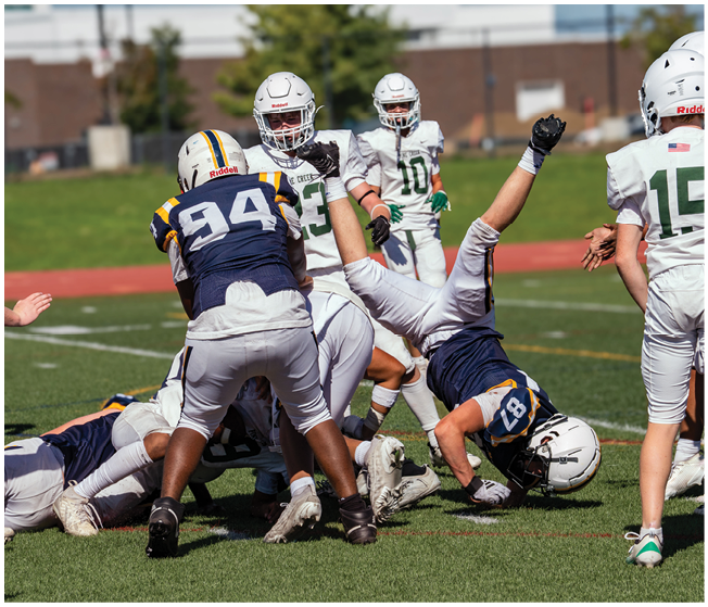 Several people wearing football uniforms are engaged in a play on a grassy field with one person lying on the ground and others standing or reaching out. Description generated by AI