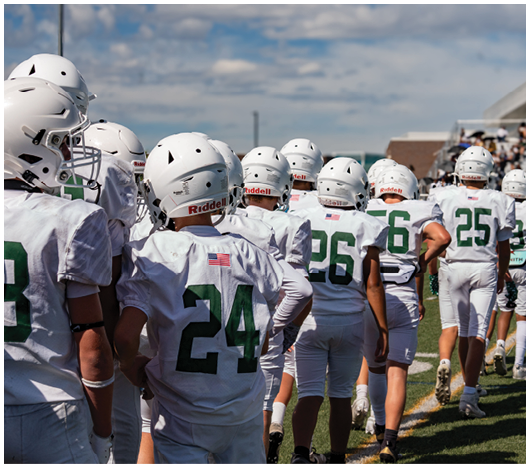 A group of people wearing white football uniforms and helmets are standing on a grassy field under a partly cloudy sky. Description generated by AI