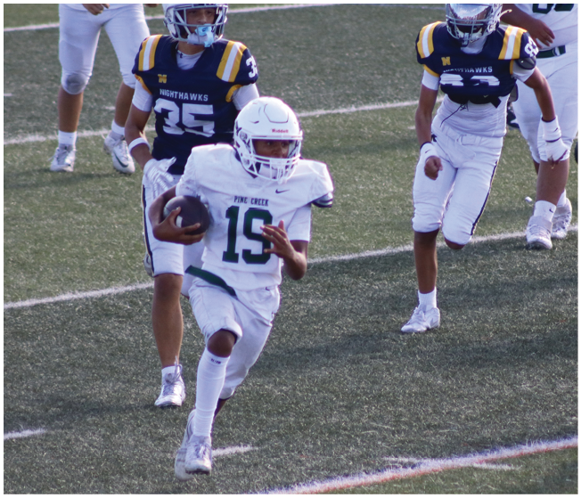 A person wearing a white football uniform with the number 15 is running with the ball on a field while three people in dark blue and white uniforms chase behind. Description generated by AI
