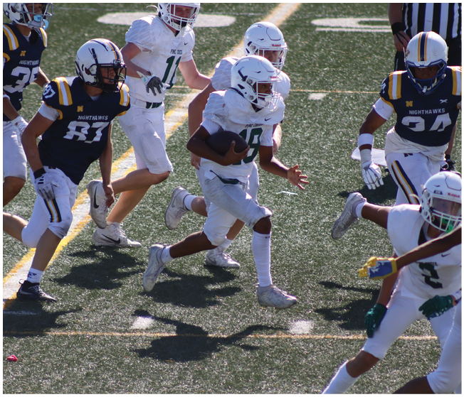 Adults in football uniforms are running on a field with one person holding a football while others appear to be chasing. Description generated by AI