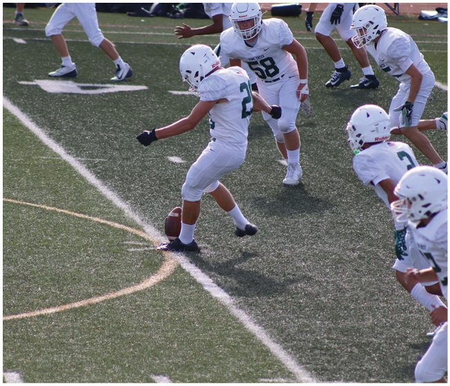 People in white football uniforms are on a field with one person about to kick a football placed on the ground. Description generated by AI