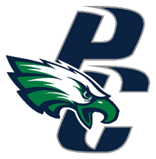 A green and white eagle with a blue P on its chest. Description generated by AI