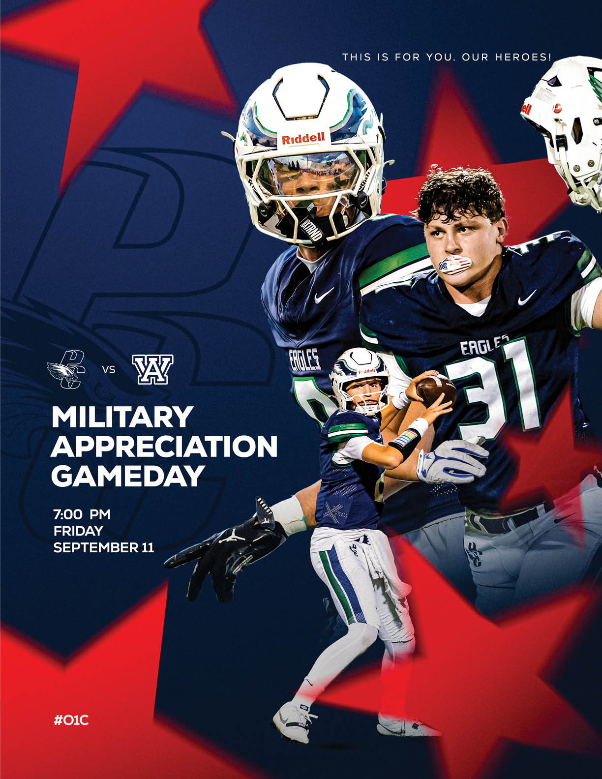Three people in football uniforms are featured with text promoting a military appreciation game day event between two teams, set for a Friday at 7 PM on September 11. Description generated by AI