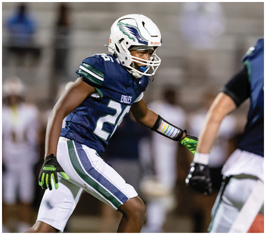 A person wearing a football uniform with a helmet and gloves is actively engaged in a game on a field with blurred spectators in the background. Description generated by AI