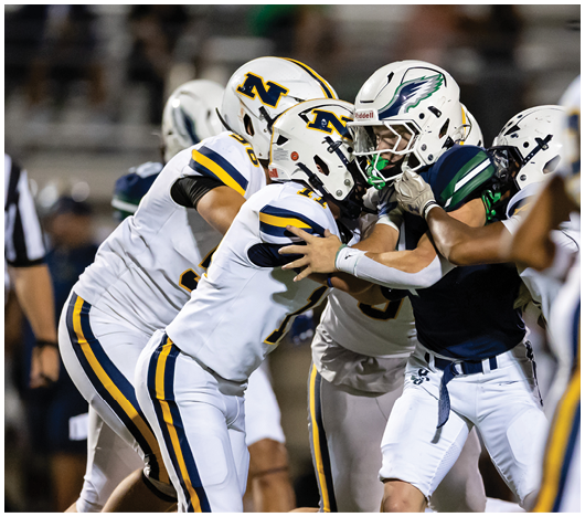 People in football uniforms are engaged in a close physical play on the field during a game. Description generated by AI