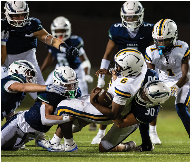 A group of people in football uniforms are engaged in a tackle on a grassy field during a game. Description generated by AI