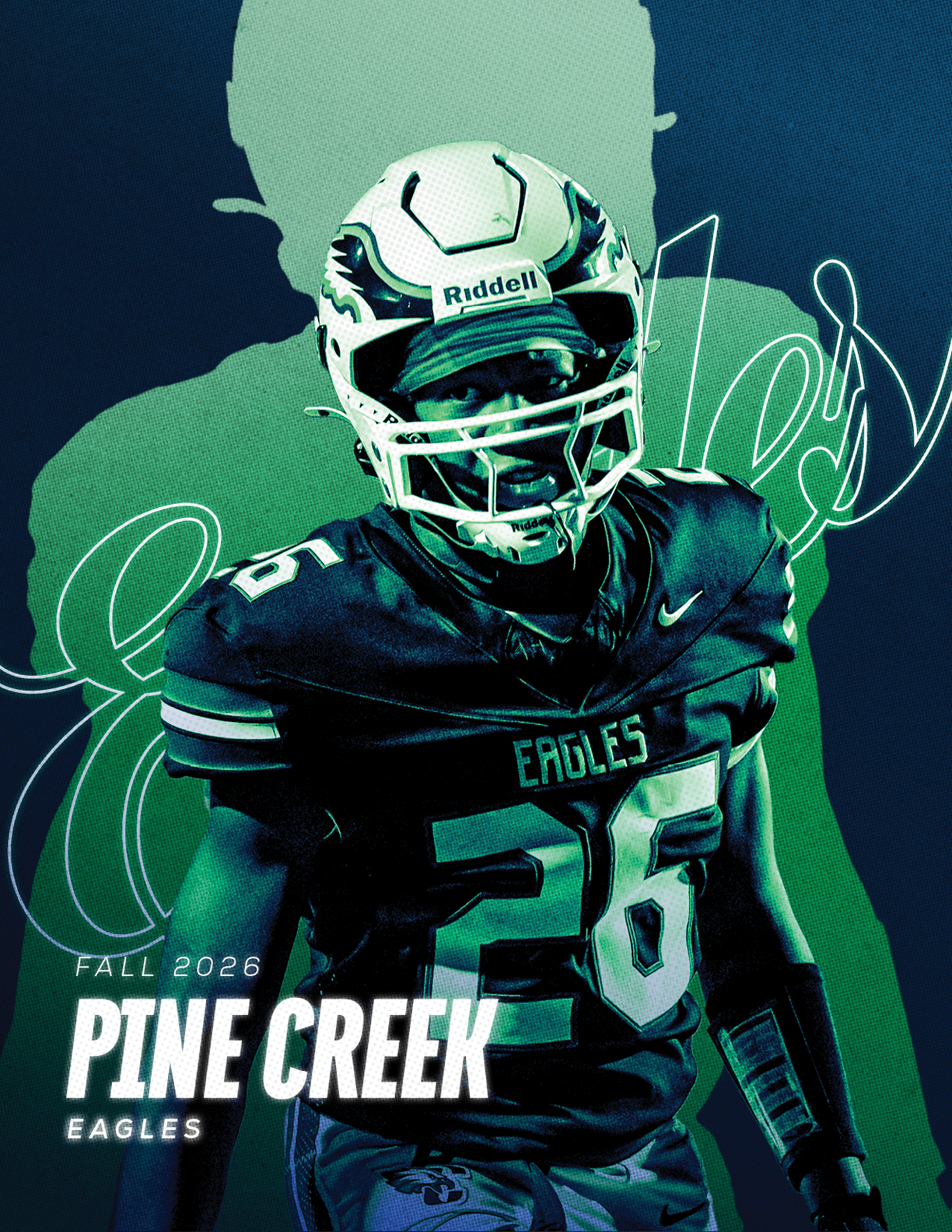 A person wearing a football uniform with the number 26 and a helmet stands in front of a stylized green silhouette background with the text “Pine Creek Eagles." Description generated by AI