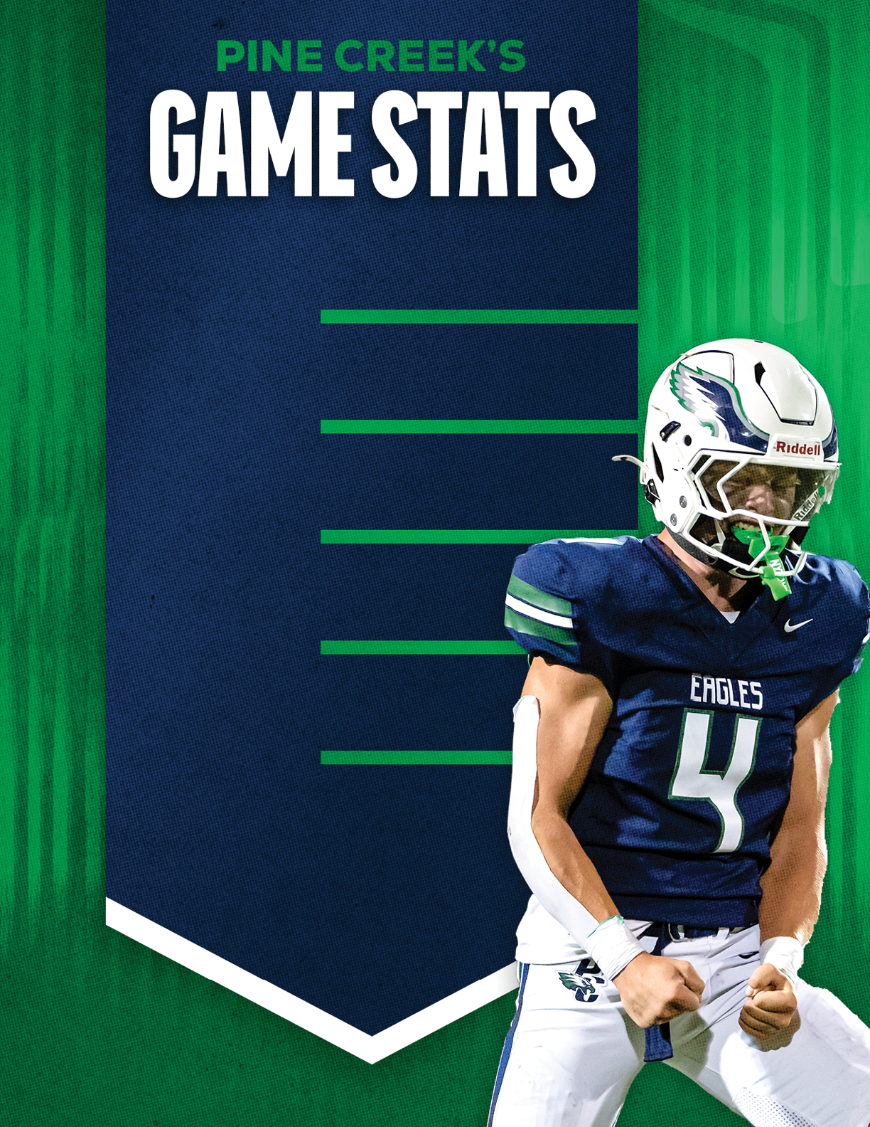 A person wearing a football uniform and helmet is celebrating with clenched fists next to a graphic banner titled Pine Creek's Game Stats. Description generated by AI