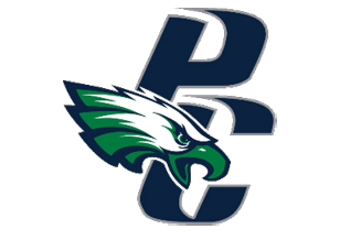 A green and white eagle with a blue P on its chest. Description generated by AI