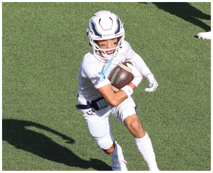 Two people in white sports uniforms stand on a football field, with one person clapping and the other facing away. Description generated by AI