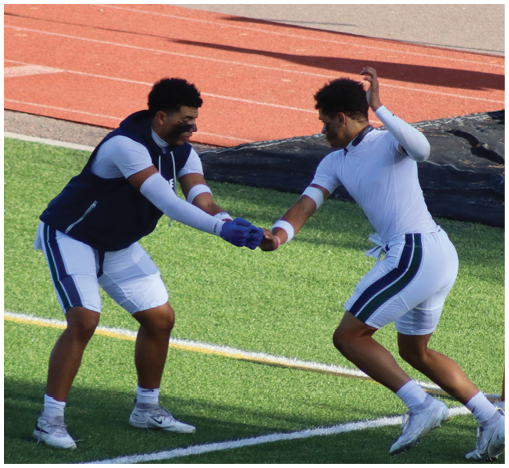 Several football players in helmets and uniforms are engaged in a tackle on a field with yard lines visible. Description generated by AI