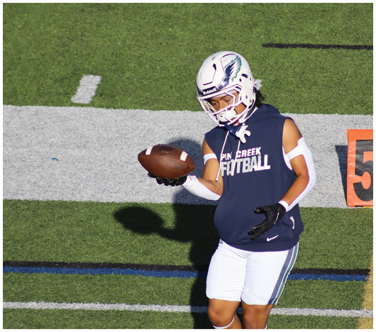 Several football players in helmets and uniforms are engaged in a tackle on a field with yard lines visible. Description generated by AI