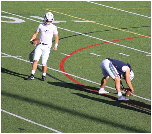 Several football players in helmets and uniforms are engaged in a tackle on a field with yard lines visible. Description generated by AI