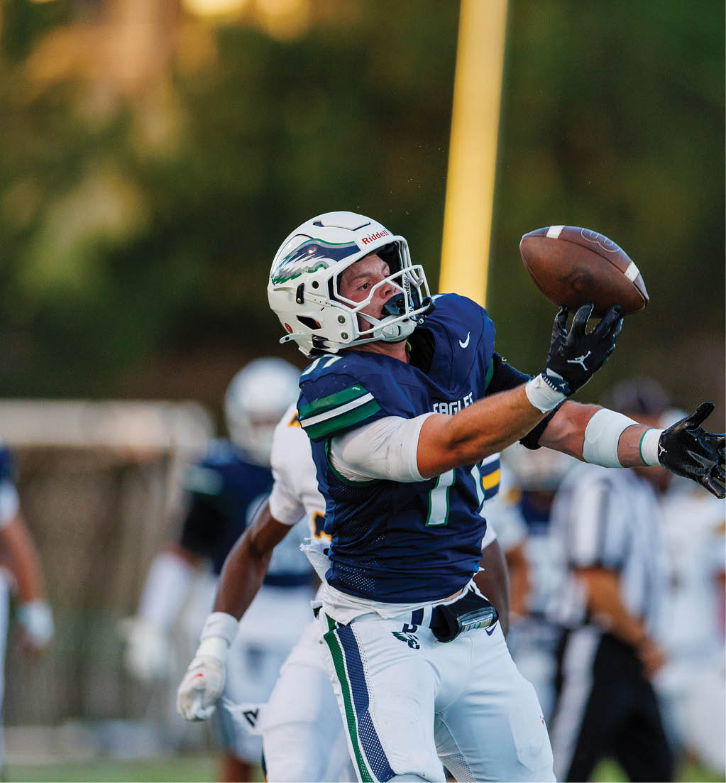 A person in a blue and white football uniform is reaching out with both hands to catch a football during a game. Description generated by AI