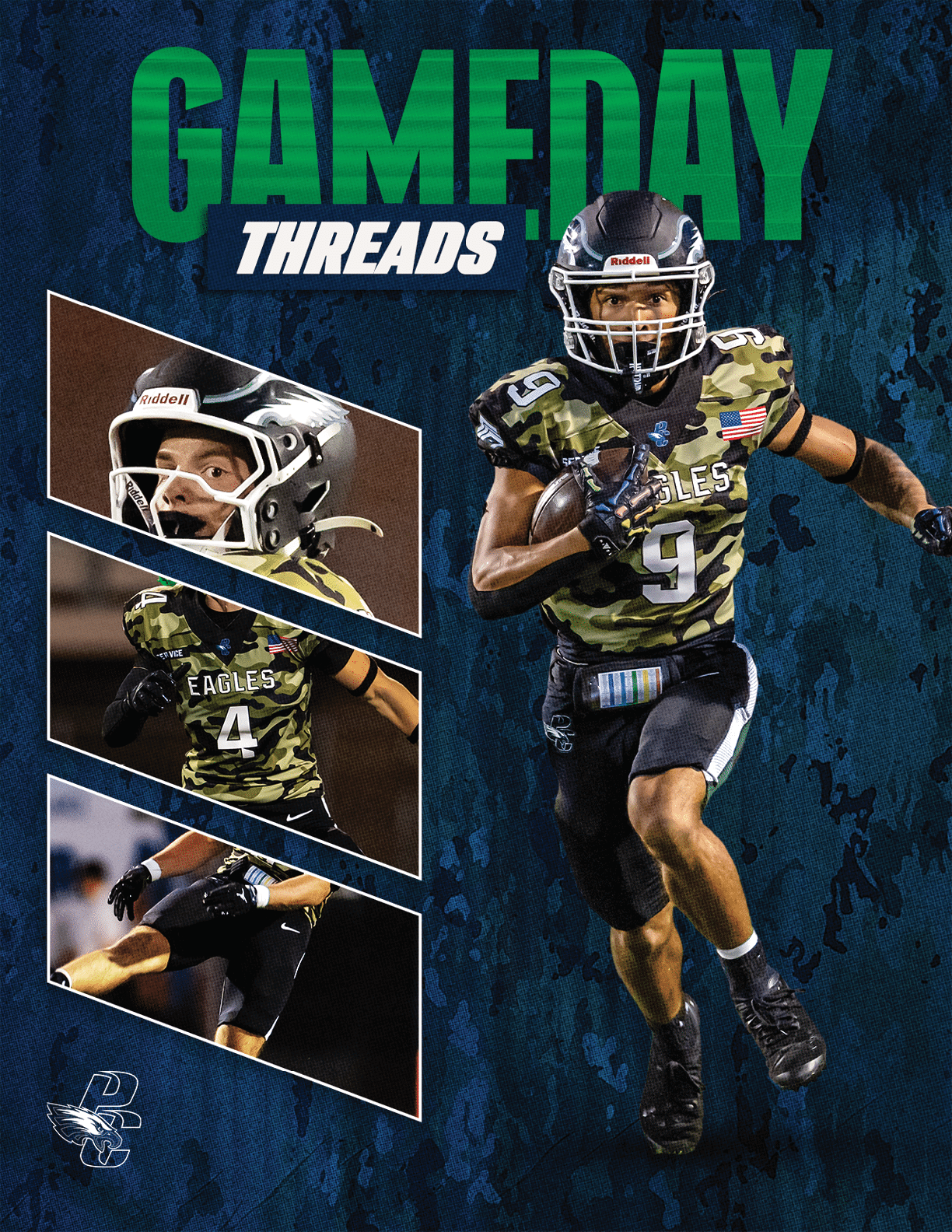 A person wearing a camouflage football uniform with the number 9 is running with a football while three smaller angled images show close-ups of the same person in action on a textured blue background with the text “GAMEDAY THREADS" at the top. Description generated by AI