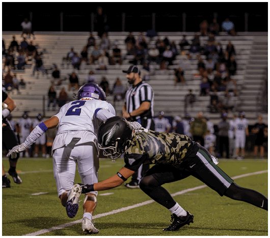 Two people in football uniforms are engaged in a tackle on a field with a referee and spectators in the background. Description generated by AI