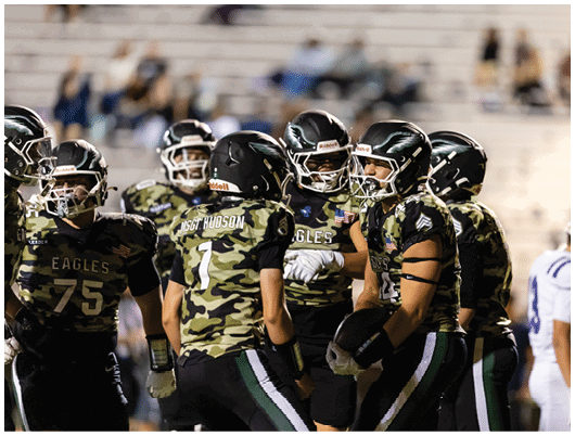 People in football uniforms are lined up on a field facing each other, preparing for a play during a game. Description generated by AI