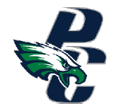 A green and white eagle with a blue P on its chest. Description generated by AI