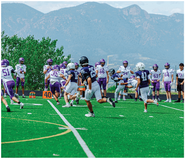 People in sports uniforms are playing football on a green field with mountains in the background. Description generated by AI