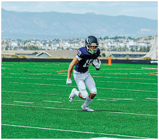 A person wearing a dark sports jersey and white pants is running on a green football field with a cityscape and mountains in the background. Description generated by AI