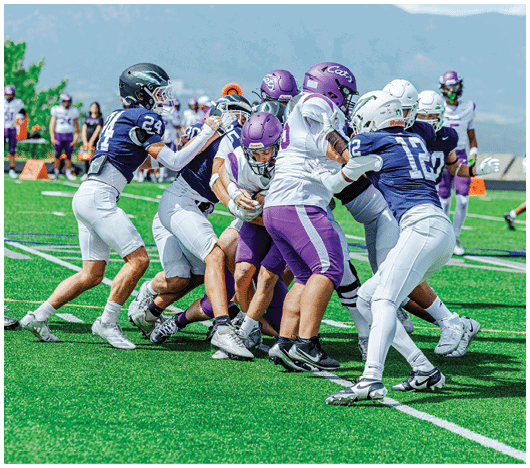 A group of people in white football uniforms are playing on a green field with one person preparing to throw a football. Description generated by AI