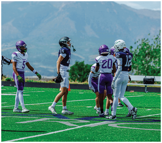 Adults wearing football uniforms are standing on a green field with mountains in the background, some appearing to be in conversation while a referee gestures nearby. Description generated by AI