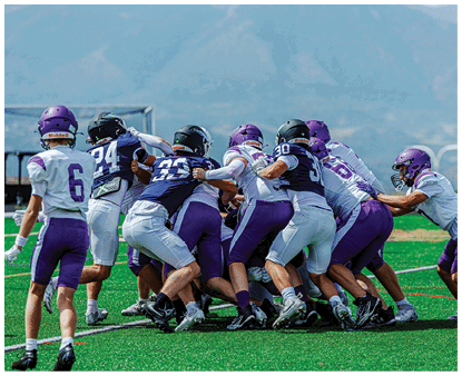 Several people wearing athletic shoes and sportswear are engaged in a close physical activity on a green turf field. Description generated by AI