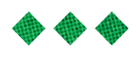 Three green diamond shapes with a textured pattern are evenly spaced on a white background. Description generated by AI
