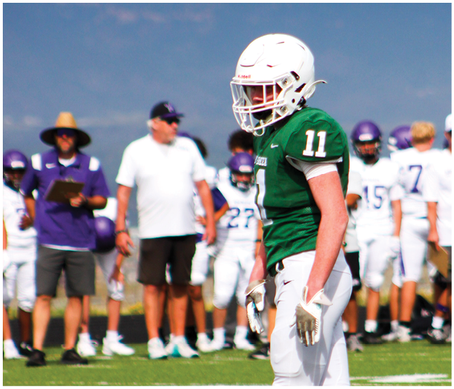 A person wearing a white football helmet and green jersey is on a field with mountains and a clear sky in the background. Description generated by AI
