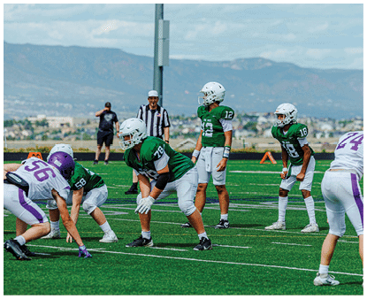 People in football uniforms are positioned on a field preparing for a play with a referee and a person in casual clothing in the background. Description generated by AI