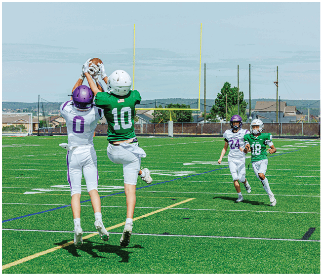 Two people in football uniforms jump to catch a football on a green field while two others run toward them in the background. Description generated by AI