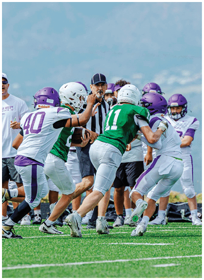 Adults in football uniforms are engaged in a game on a green field with some players actively blocking and tackling while others stand on the sidelines. Description generated by AI